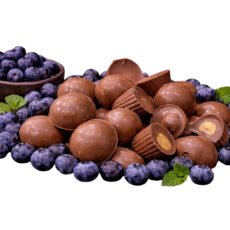Chocolate candies with blueberries and mint.